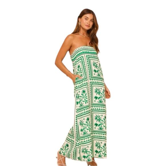 Anthropologie x Mon Renn Green and White Tropical Linen Blend Maxi Dress - Picture 4 of 11